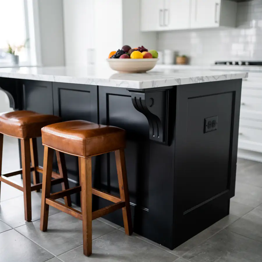 Black painted island seating panel with corbels