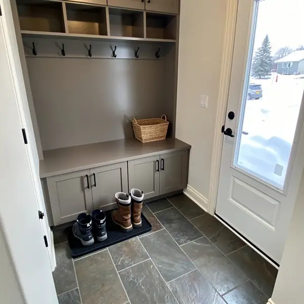 Chelsea Gray mudroom bench in Elmira home