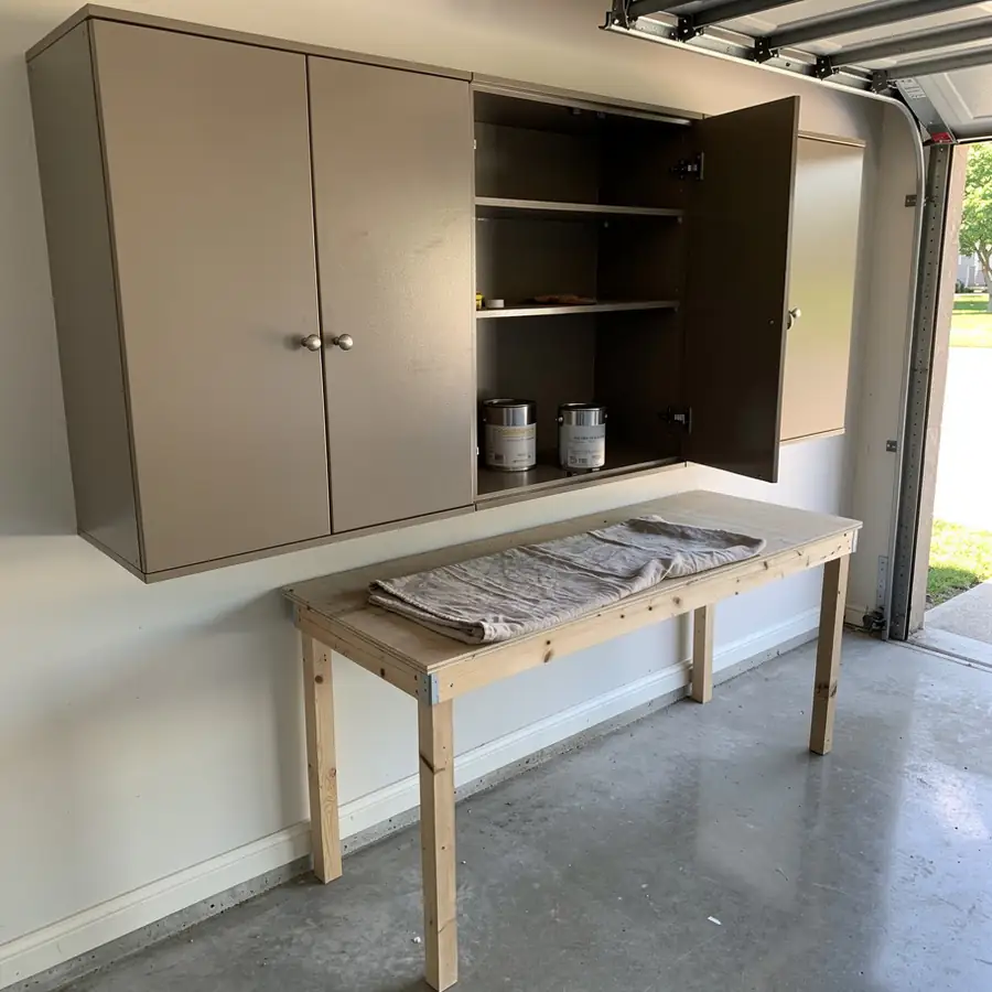 Emptied garage cabinets painted warm taupe
