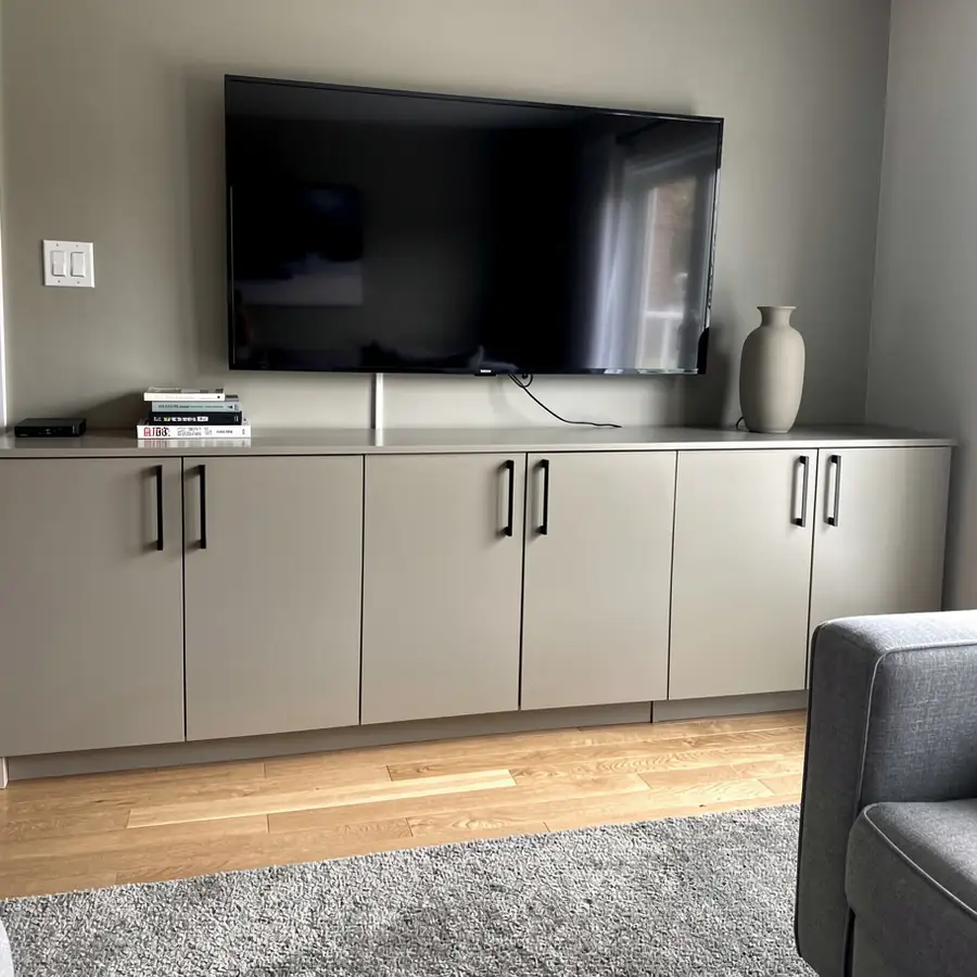 Espresso media console repainted warm greige