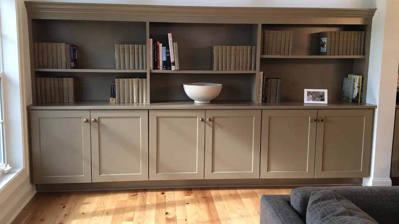 Greige painted living room bookcase built-ins Greige painted living room bookcase built-ins