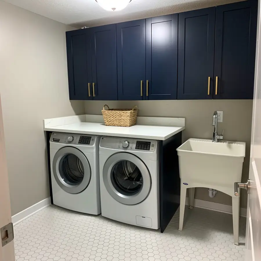 Navy laundry cabinets above front-load washer