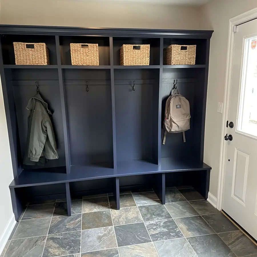 Navy painted mudroom locker row