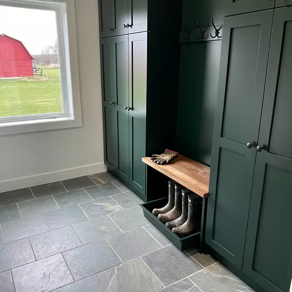 Painted farmhouse mudroom cabinets in Wellesley Painted farmhouse mudroom cabinets in Wellesley