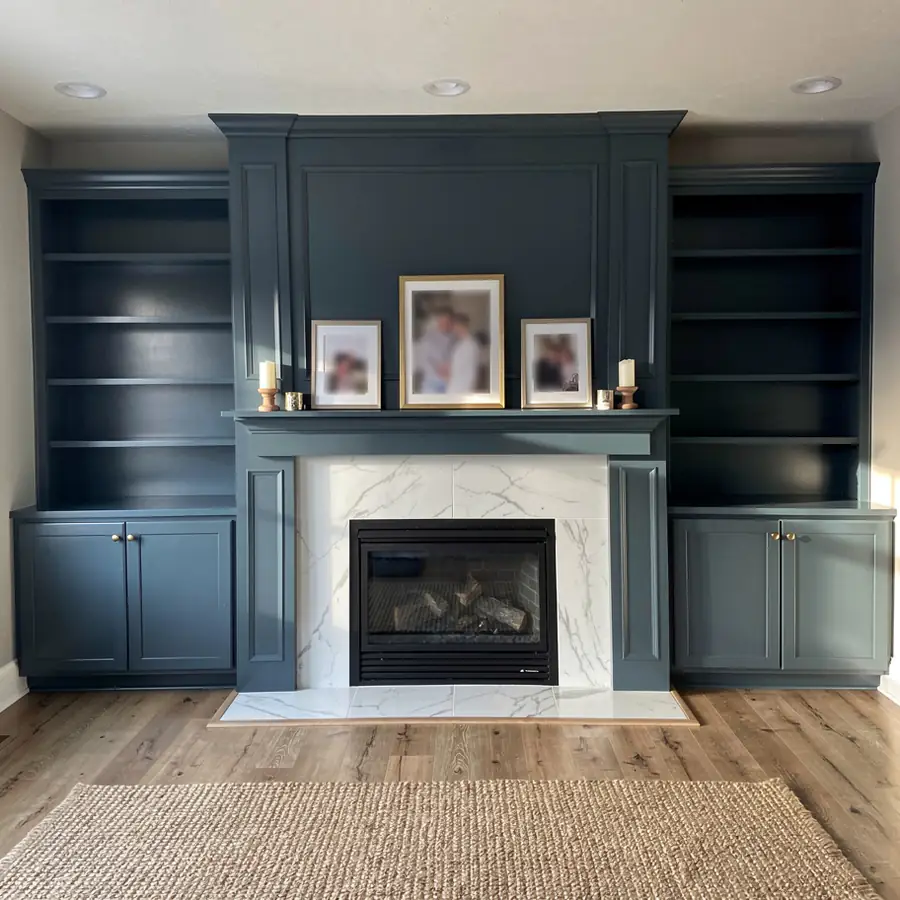 Painted fireplace cabinets with crown and mantel