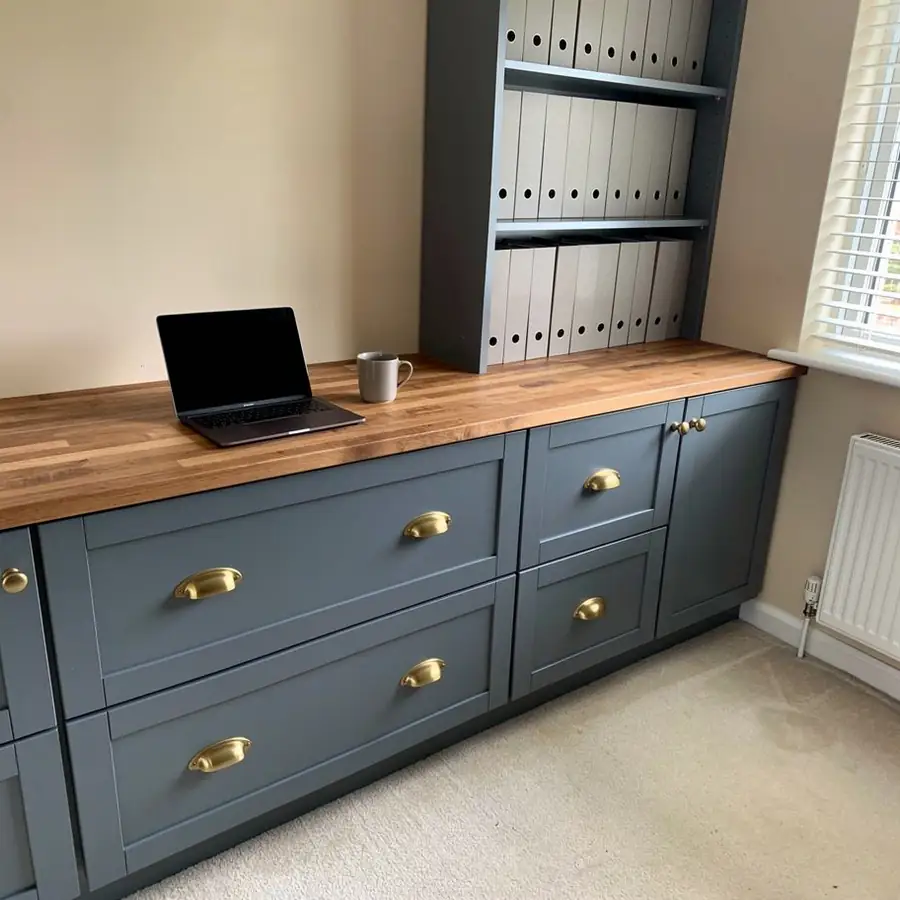 Painted home office cabinets with filing drawers