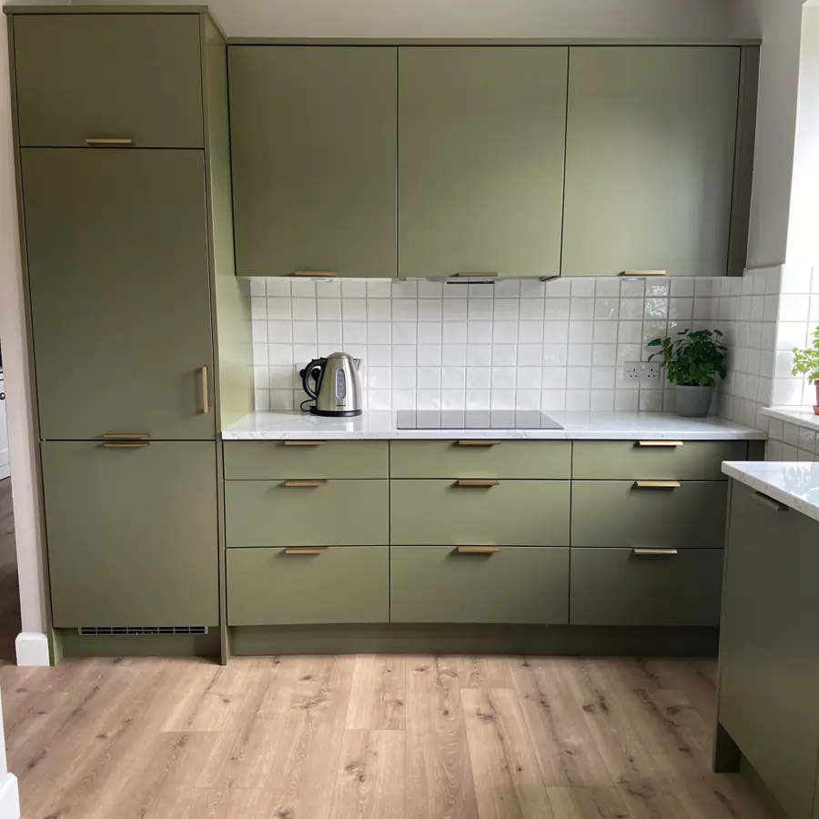 Painted IKEA kitchen in olive green