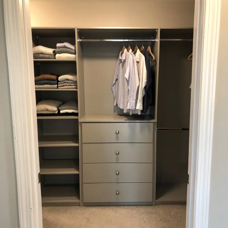 Painted melamine closet shelving in greige