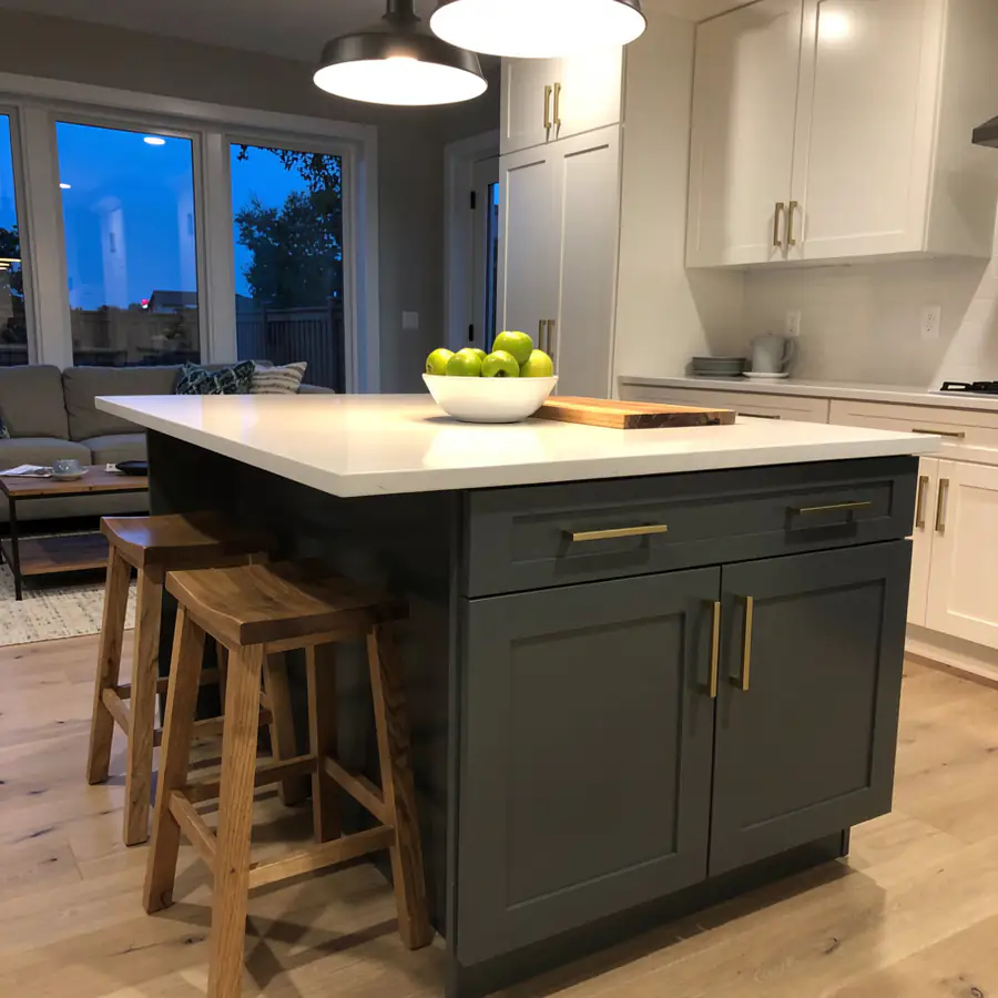 Painted navy kitchen island in Guelph home