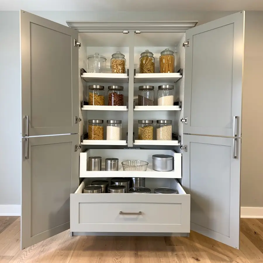 Painted pantry interior with pull-out shelves
