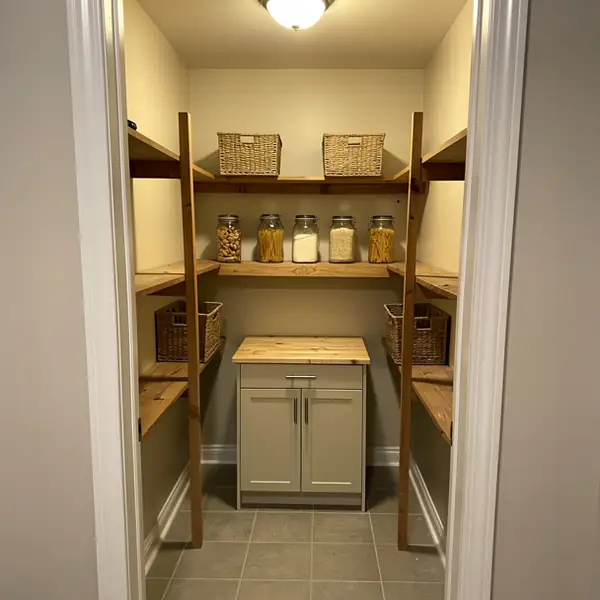 Painted walk-in pantry shelving in cream