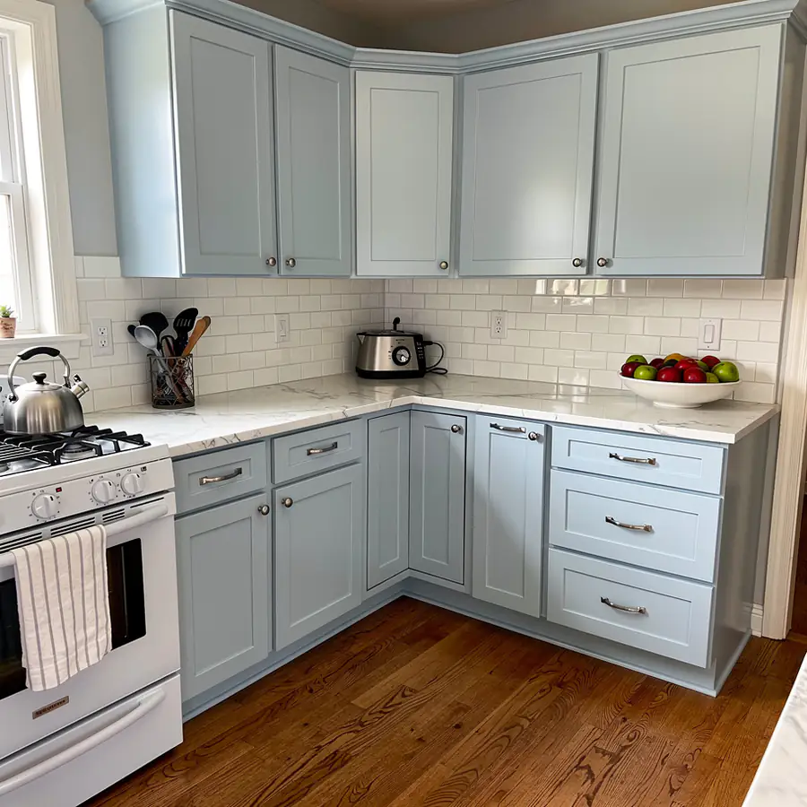 Resprayed pale blue kitchen in Kitchener