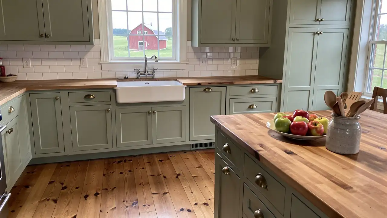 Sage green painted farmhouse kitchen in Elmira Sage green painted farmhouse kitchen in Elmira
