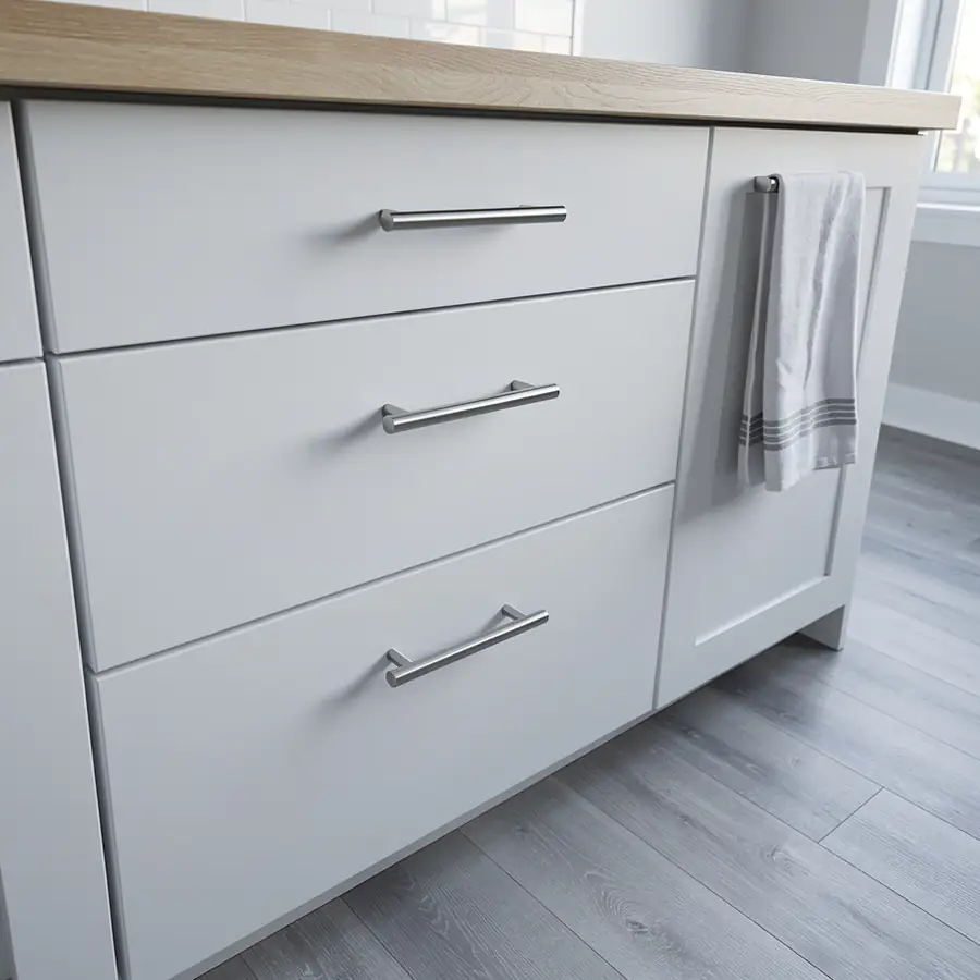 Satin white painted IKEA slab drawer fronts