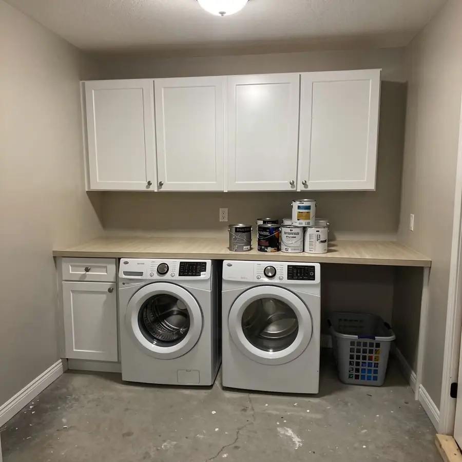 Sealed paint cans on Waterloo laundry shelf