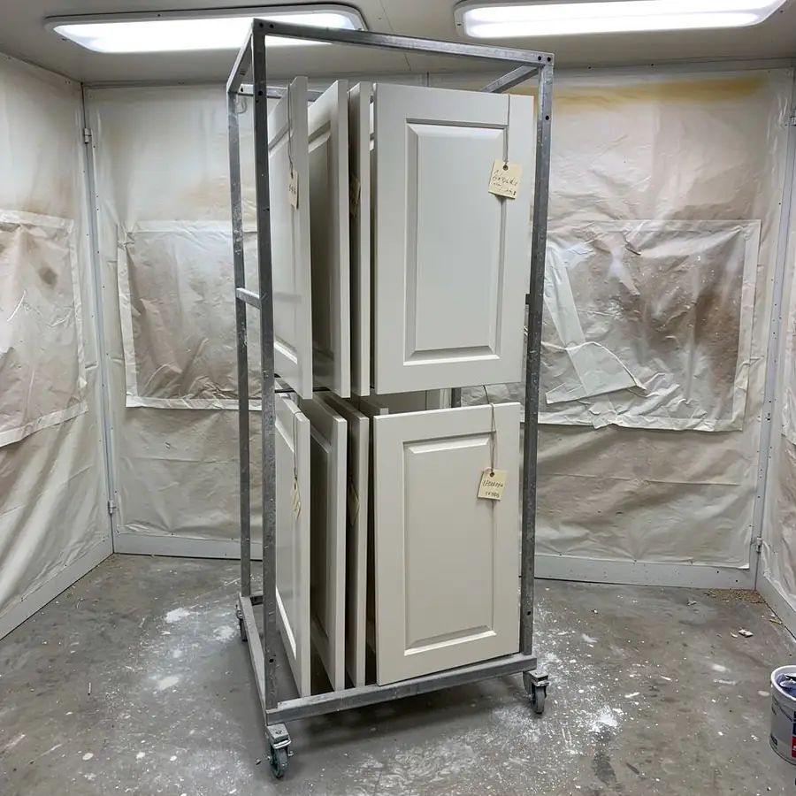 Sprayed cabinet doors curing on shop racks