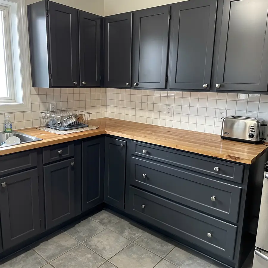 Sprayed charcoal cabinet doors in Guelph kitchen