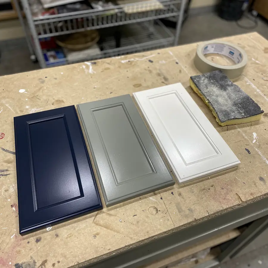 Sprayed colour sample doors on shop bench