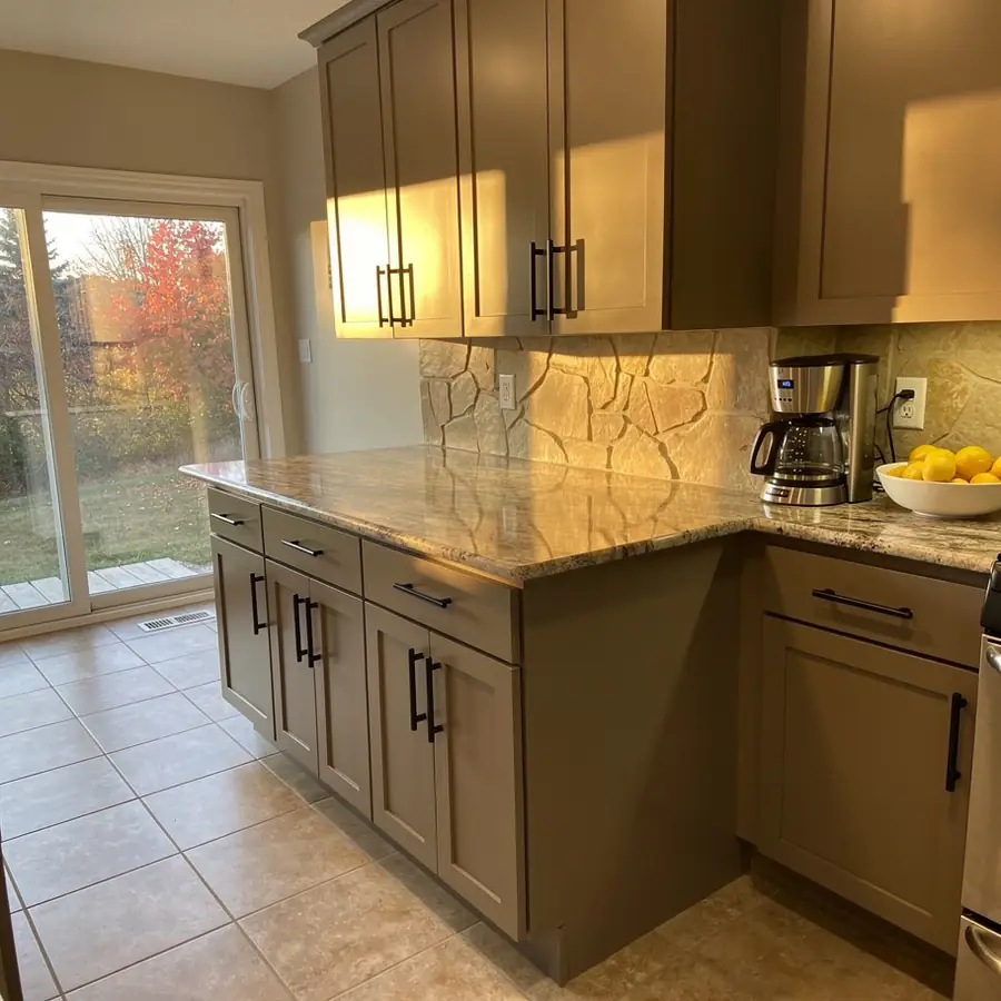 Taupe painted maple kitchen in Laurelwood Waterloo
