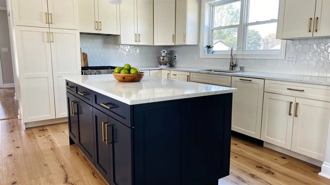 Two-tone navy and white kitchen in Kitchener Two-tone navy and white kitchen in Kitchener