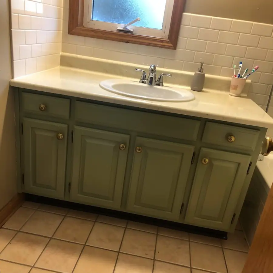 White oak vanity repainted sage green satin