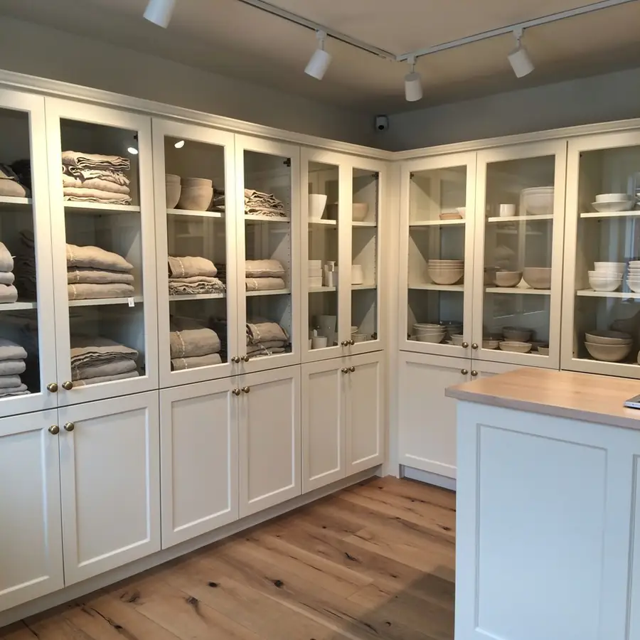 White painted boutique display cabinets with brass